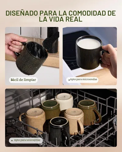 Vista 7 de famiware Juego de 4 tazas de café de 12 onzas, tazas de cerámica con asa Negro (Star-Black)