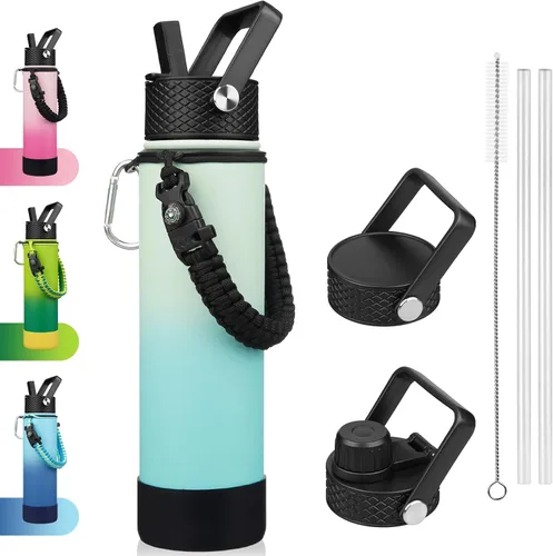 Vista 13 de BJPKPK - Botella de agua con tapa de popote, botellas de agua aisladas de 18 onzas con 3 tapas, asa de cuerda de paracaídas y base antideslizante