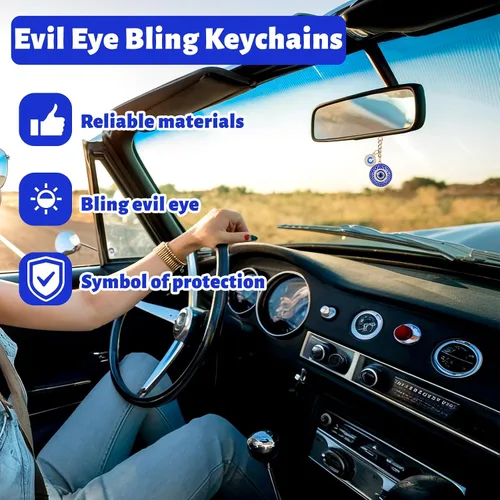 Vista 3 de Llavero contra el mal de ojo, llavero brillante contra el mal de ojo con llavero de amuleto de buena suerte para mujeres y hombres, Azul
