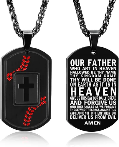 Vista 35 de Collar de cruz con versículo bíblico de béisbol, acero inoxidable, dije de cruz en tono negro/dorado/plateado, regalos religiosos, joyería deportiva