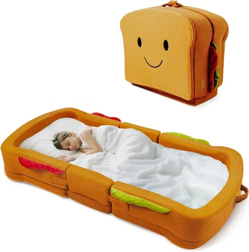 Vista 8 de Cama de viaje para niños pequeños, estilo sándwich, camas portátiles para niños pequeños, cuna de viaje plegable de espuma suave para bebés y niños