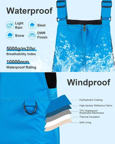 Vista 3 de Pursky Pantalones de nieve para niños, baberos de esquí de invierno con aislamiento impermeable, pantalones de nieve de forro polar, overoles