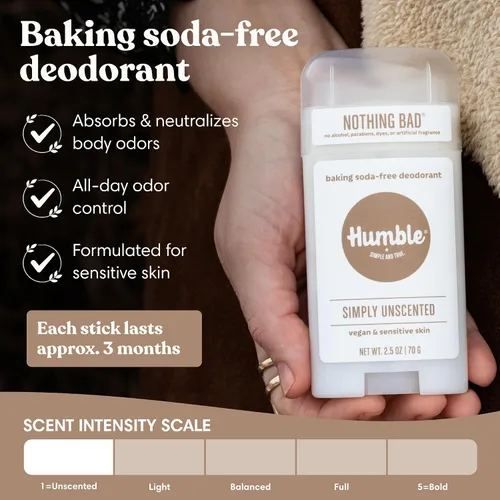 Vista 2 de HUMBLE BRANDS Desodorante sin aluminio, vegano y libre de crueldad, formulado para pieles sensibles, simplemente sin perfume, 2.5 onzas