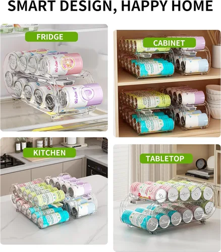 Vista 8 de Organizador de latas de soda, paquete de 4, organizadores automáticos de latas para refrigerador, dispensador de latas de doble