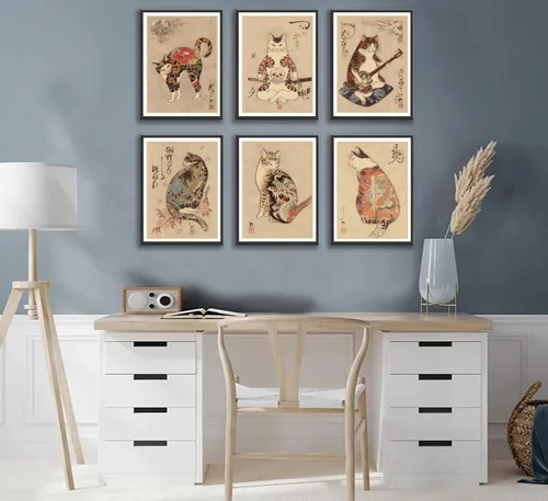 Vista 3 de 6 piezas de arte de pared de gato samurái japonés de carteles de decoración de bushido de Japón, pinturas de Kung Fu tatuajes divertidos de fantasía