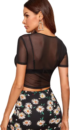 Vista 2 de SheIn Camisetas de manga corta para mujer, sexy, de malla transparente