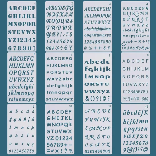 Vista 9 de Plantillas de letras – Paquete de 12, 4 x 7 pulgadas, plantillas de plástico reutilizables del alfabeto para diario de viñetas, decoración