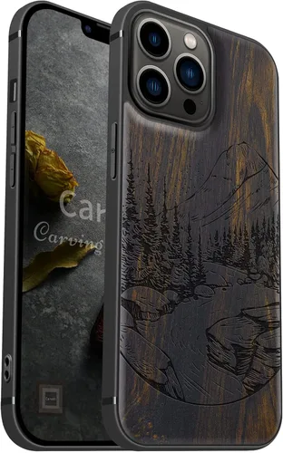 Vista 13 de Carveit Funda magnética de madera para iPhone 13 Pro Max [madera natural y TPU suave negro] Funda protectora de madera única y elegante a prueba