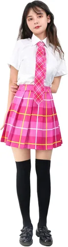 Vista 5 de PROCOS Disfraz de colegiala de talla estadounidense para mujer, uniforme japonés con corbata de lazo a cuadros, 5 piezas