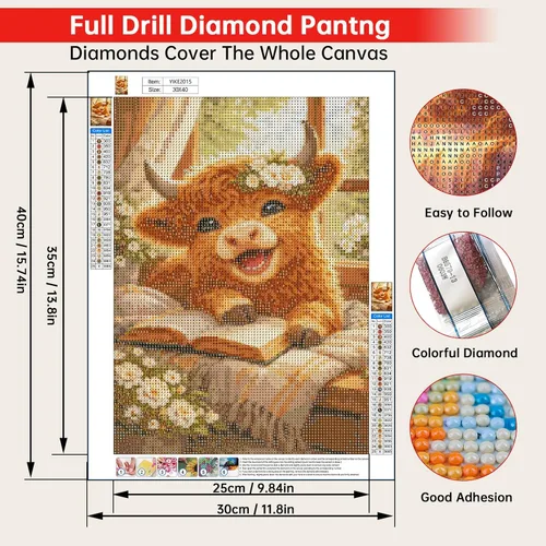 Vista 9 de Kits de pintura de diamantes de animales para adultos, paquete de 4 unidades, lindo tigre, vaca, gato, perro, kit de arte de diamantes, pintura