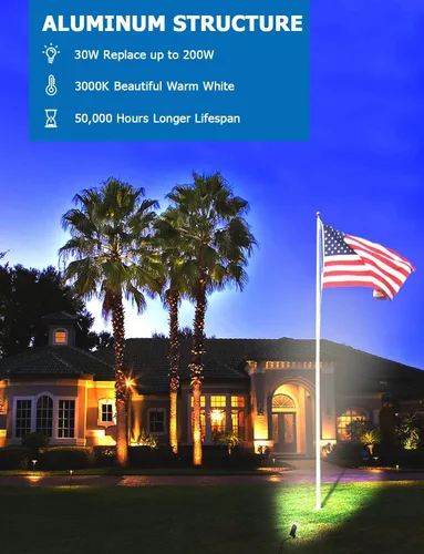 Vista 8 de SUNVIE - Paquete de 2 focos LED para exteriores de 30 W, foco ultrabrillante de 120 V, 3000 lm, con poste de bandera de metal, luz de inundación