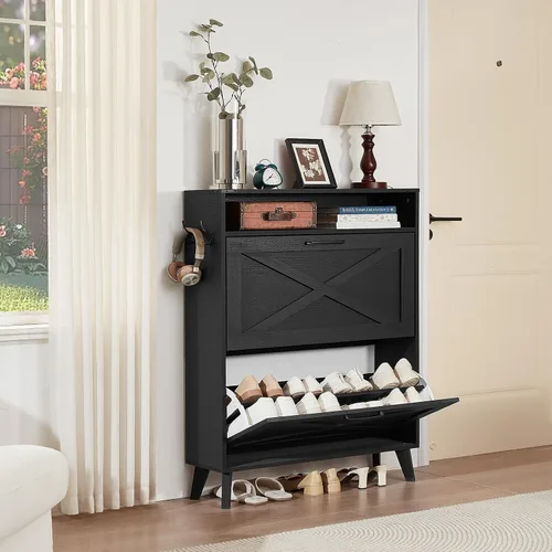 Vista 3 de Joaxswe Gabinete de Almacenamiento de Zapatos con 2 Cajones Abatibles, Organizador Estilo Granja para Entrada, Estante Oculto Estrecho con Patas