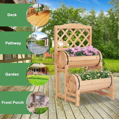 Vista 8 de kinbor Cama de jardín elevada de madera para exteriores, jardinera elevada, maceta con enrejado, cama de jardín elevada para jardinería, verduras