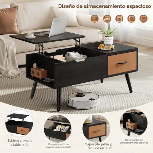 Vista 4 de Yaheetech Mesa de centro elevable para sala de estar, mesas centrales pequeñas de madera con gran cajón de almacenamiento y compartimento oculto