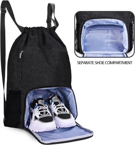 Vista 2 de Mochila con cordón con bolsillo para ropa húmeda y compartimento para zapatos, resistente al agua, para deportes, gimnasio, natación, bolsa