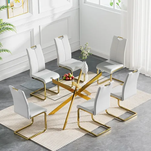 Vista 23 de Juego de mesa de comedor de cristal de lujo de 36 pulgadas para 2, mesa de comedor redonda moderna de 3 piezas con 2 sillas de comedor de cuero