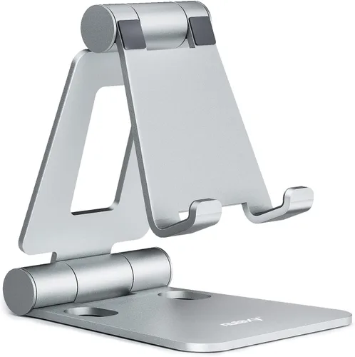 Vista 9 de Nulaxy Soporte plegable doble para teléfono celular, totalmente ajustable, plegable, soporte para teléfono de escritorio, base compatible con iPhone