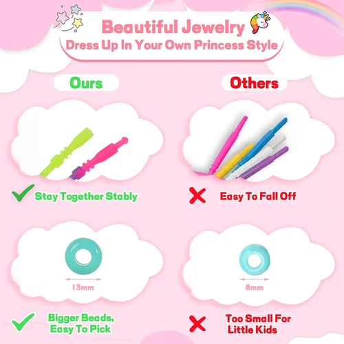 Vista 4 de FLYINGSEEDS Kit de Joyería de Unicornio, 5 Collares de Goma y Encantos con 100 Perlas de Agujeros Grandes, Juego de Artes y Manualidades, Regalos