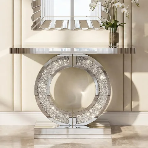 Vista 27 de SSLine Mesa de consola negra con espejo para sala de estar, mesa de entrada moderna de espejo de 43 pulgadas con base de cristal en forma de O