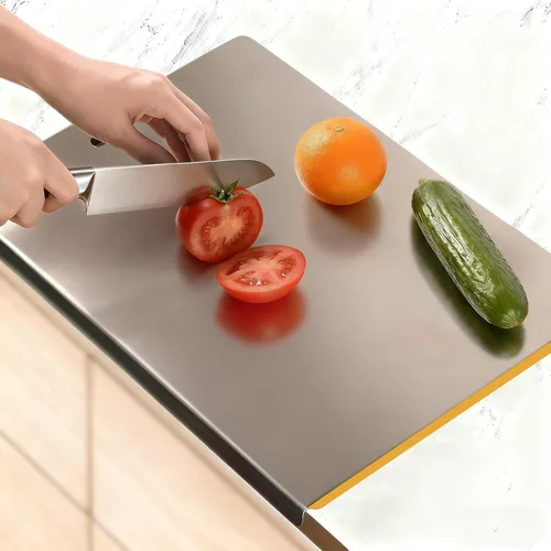 Vista 10 de Tablas de cortar grandes de acero inoxidable para cocina, tablas de cortar con alfombrilla antideslizante azul, tabla de cortar con borde