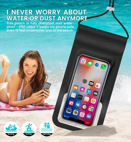 Vista 2 de HiRui Funda impermeable universal para teléfono con pantalla táctil, IP68 impermeable, bolsa seca para playa, compatible con iPhone Negro