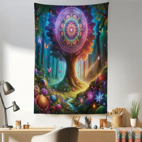 Vista 158 de Ambesonne Tapiz verde, fases lunares alrededor de un árbol de la vida, impresión de diseño bohemio de astrología nocturna, decoración de tela