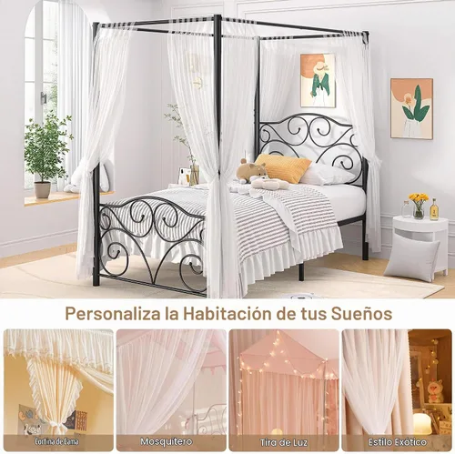 Vista 3 de VECELO Base de cama con dosel de metal, tamaño individual, base de colchón con plataforma de 4 pósteres con cabecero, soporte de listones de acero