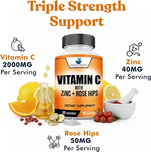 Vista 3 de American Standard Supplements Vitamina C 2000mg, Zinc 40mg, y Escaramujo 50mg por Porción – Vegano, Sin Gluten, Sin OMG (60 Unidades)