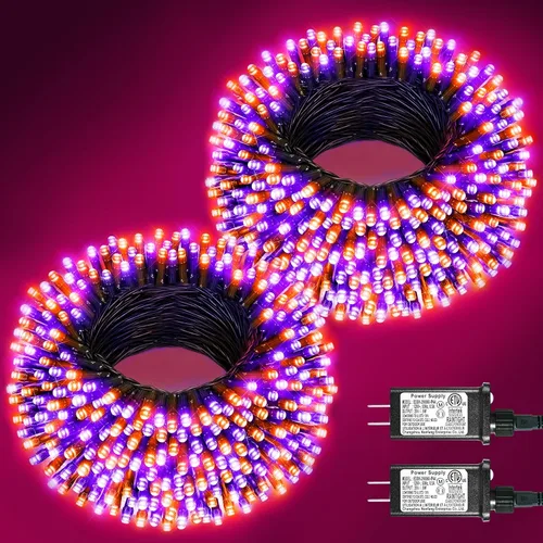 Vista 26 de Juego de 2, luces de Navidad, 200 pies, 600 LED, exterior/interior, guirnalda luces, 8 modos, impermeables, cable verde, parpadeantes, árbol, patio