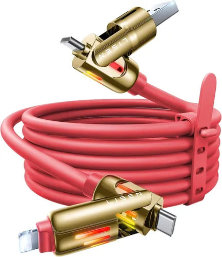 Vista 16 de Cable USB C de LISEN de 3 pies para cargador Samsung tipo C, cable de carga 4 en 1 con luz, cable de carga múltiple para iPhone 16 15 14 Pro Rosa