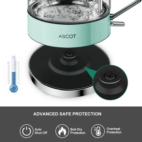 Vista 3 de ASCOT Hervidor eléctrico, tetera eléctrica de vidrio, regalos para hombres/mujeres/familia, 1.5 L, 1500 W, calentador de té de vidrio
