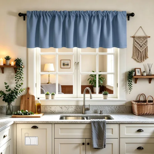 Vista 11 de Cenefa Beige Oscurecedora para Ventana, Cortina Corta con Bolsillo para Barra, Cenefa Primitiva para Sala de Estar, Baño, Guardería, Cocina, Ventana