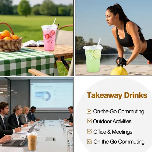 Vista 7 de Paquete de 100 vasos de plástico transparente de 20 onzas con tapas y pajitas, tazas de café helado resistentes y seguras para alimentos con tapas