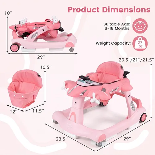 Vista 6 de BABY JOY Andador de bebé 6 en 1 con ruedas, caminador de actividad plegable Rosa