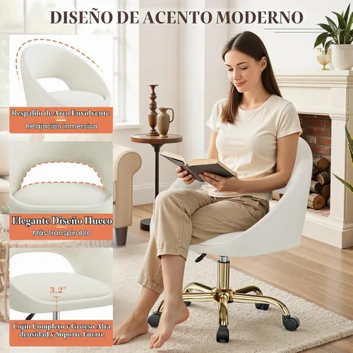 Vista 4 de Silla de Tocador con Ruedas, Cómodas Sillas de Escritorio para Oficina en Casa Ajustables Silla de Maquillaje de Terciopelo Moderna para Dormitorio