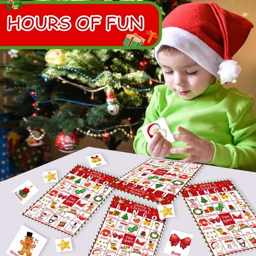 Vista 6 de Officygnet Juego de bingo de Navidad para niños, tarjetas de bingo de Navidad para 32 jugadores para actividades familiares, grupos grandes, aula