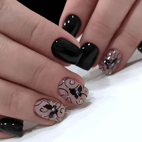 Vista 11 de Uñas Postizas Cuadradas Cortas con Diseños de Lazo 3D, Uñas Postizas de Leopardo con Punta Francesa, Uñas Adhesivas Brillantes, Uñas Acrílicas Nude