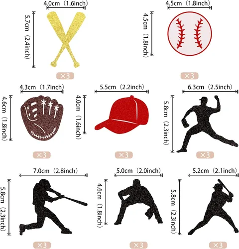 Vista 2 de 24 piezas de adornos para cupcakes de béisbol con purpurina, jugadores de béisbol, temática deportiva, adornos para magdalenas, temática deportiva