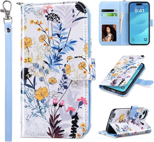 Vista 36 de ULAK Funda tipo billetera compatible con iPhone 15 para mujeres, funda tipo cartera con estampado floral de piel PU premium con porta tarjetas