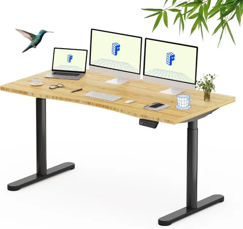 Vista 45 de FLEXISPOT Escritorio de pie de madera maciza, escritorio de madera real de una pieza, escritorio eléctrico de altura ajustable para oficina en casa