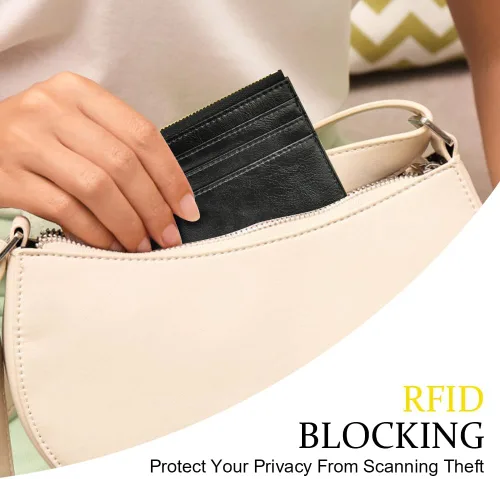 Vista 42 de URAQT Cartera para tarjetas de crédito, cartera minimalista de cuero delgado con cremallera, mini protector de tarjeta de crédito, llavero bolsillo