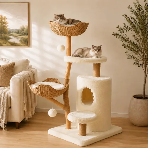 Vista 8 de Erinnyees Árbol para gatos de madera natural de 44.5 pulgadas con 2 camas