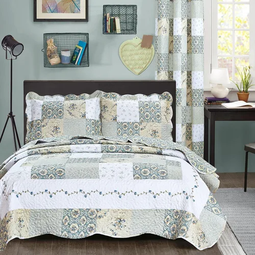 Vista 2 de All American Collection Nuevo Juego Reversible de 2 Piezas de Colcha/Edredón con Estampado Floral de Patchwork Azul/Verde, Cortinas a Juego