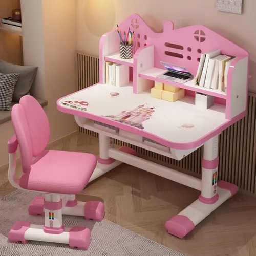 Vista 11 de Juego de escritorio y silla ajustable para niños con almacenamiento, cajones, estantería, mesa de escritura y tareas para niños y niñas, escritorio