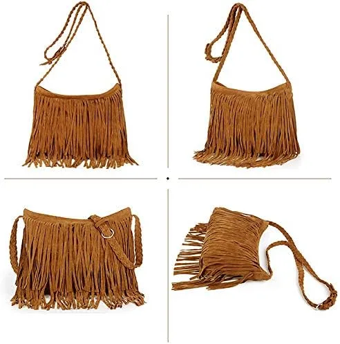 Vista 5 de Goclothod Bolso de hombro estilo hobo de gamuza con flecos, estilo hippie para mujer, estilo vintage