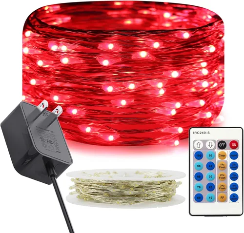 Vista 11 de RUICHEN Guirnalda de luces regulables enchufables de 33 pies, 100 luces LED de alambre plateado con control remoto, color naranja