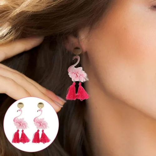 Vista 8 de Holibanna 1 par de aretes de flamenco Luau Party Pendientes de flamenco Pendientes de gota de flamenco Aretes de pájaro flamenco para mujer, aretes