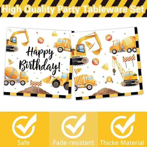 Vista 3 de Suministros de fiesta de cumpleaños de construcción, decoraciones temáticas de construcción, incluye platos, vasos, servilletas, cubiertos, perfecto