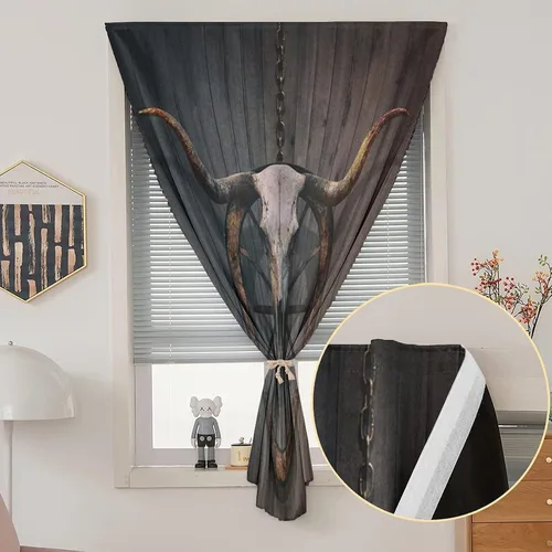 Vista 2 de XISUNYA Cortinas opacas portátiles autoadhesivas, con ruedas de madera de granero, para puerta corta, diseño de calavera de toro con cuernos largos