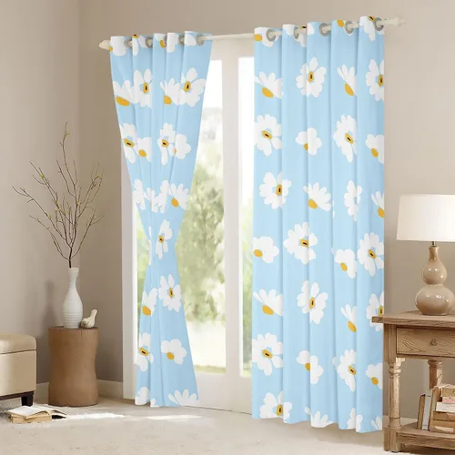 Vista 3 de Castle Fairy Daisy Florals Curtains for Living Room,Cartoon Wildflowers Window Drapes Bedroom Blackout,Retro Country Style Window Treatment Grommet
